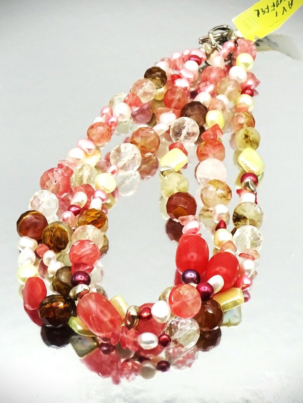 AVI SOFFER Sterling Silver Pearls & Cherry Quartz Beads Three Strand Necklace
